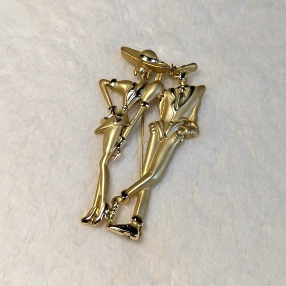 Vintage 80"s Goldtone Man and Woman Fashionista Couple Brooche - Picture 5 of 7